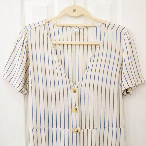 Old Navy Ivory Linen Blend Midi Shirtdress with Blue Pinstripe, size M - Picture 2 of 8